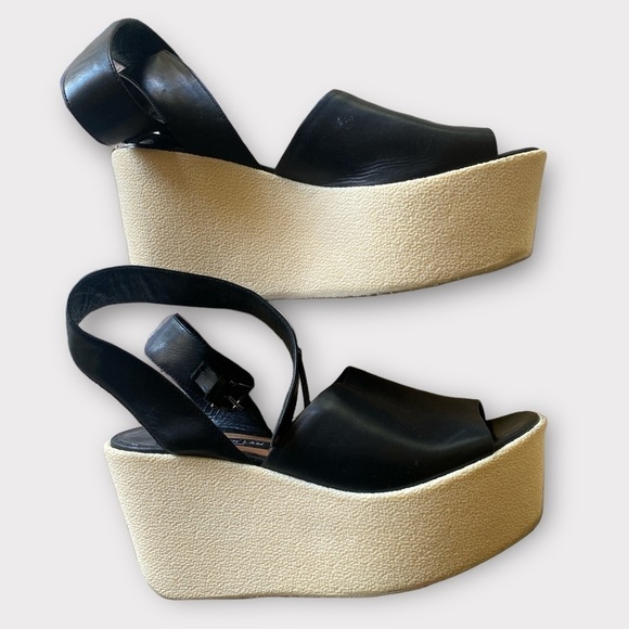 DEREK LAM FABIAN Ankle Wrap BLACK LEATHER PLATFORM WEDGE SANDALS SIZE 7 B…Goth - Picture 10 of 15